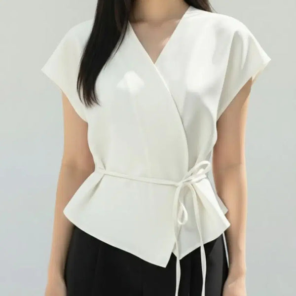 [BUNJANG] Nymph Wrap Ribbon Blouse - Ivory / 님프 랩 리본 블라우스
