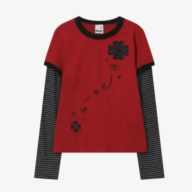 [BUNJANG] BAU F Clover Layered Slim Fit Long Sleeve [Red] / 바우프 클로버 레이어드 슬림핏 롱슬리브 [레드]