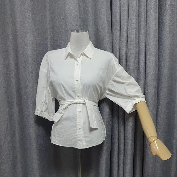[BUNJANG] White Puff Waist Strap Blouse / 화이트 퍼프허리끈 블라우스