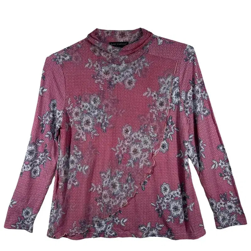 [BUNJANG] Pink Flower Frill Half-Neck Inner T-shirt / 핑크 플라워 프릴 반목 이너티 꽃무늬 긴팔 [M] 폴리에스터 혼방
