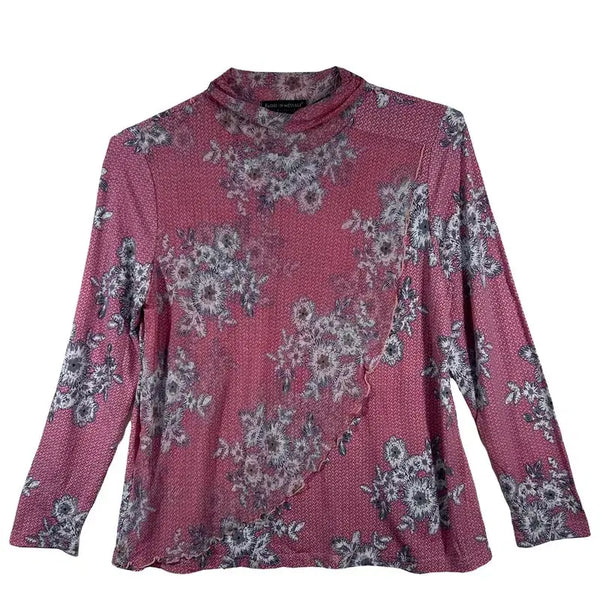 [BUNJANG] Pink Flower Frill Half-Neck Inner T-shirt / 핑크 플라워 프릴 반목 이너티 꽃무늬 긴팔 [M] 폴리에스터 혼방
