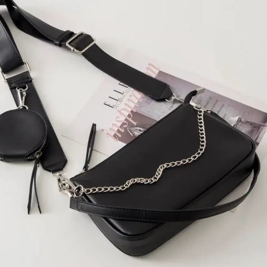 [BUNJANG] Multi Shoulder Bag Black with Pouch Set / 멀티 숄더백 블랙 + 파우치 세트
