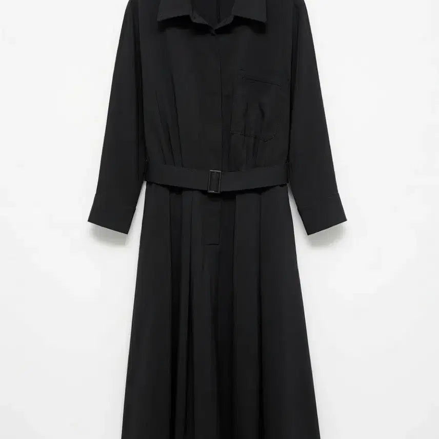 [BUNJANG] Black Belt Long Shirt Dress - Size 66 / 블랙 셔츠 벨트 롱원피스 66사이즈 / 면원피스 봄원피스 가을원피스 출근룩 블랙원피스