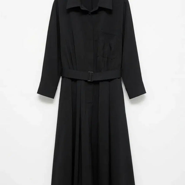 [BUNJANG] Black Belt Long Shirt Dress - Size 66 / 블랙 셔츠 벨트 롱원피스 66사이즈 / 면원피스 봄원피스 가을원피스 출근룩 블랙원피스
