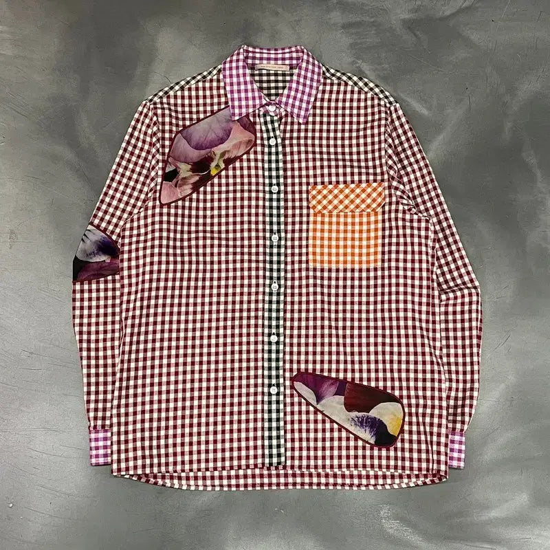 [BUNJANG] Christopher Kane Check Flower Blended Shirt / 크리스토퍼 케인 체크 플라워 배색 셔츠 y18556