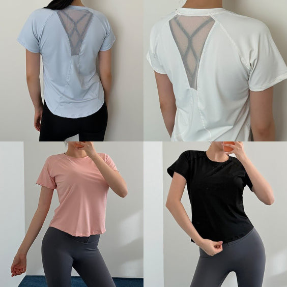 [BUNJANG] Asymmetrical Mesh Short Sleeve Yoga Top / 언발커버티 메쉬 요가복 반팔 세미슬림 헬스 운동 언발 매쉬 운동복 등트임