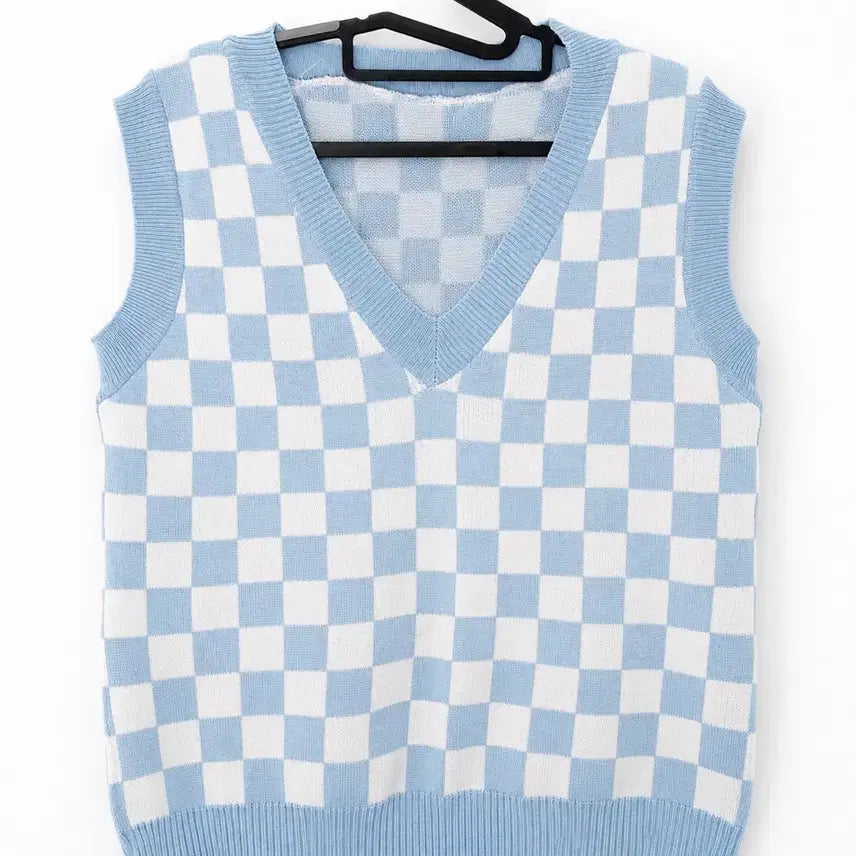 [BUNJANG] Pastel Check Knit Vest V-Neck Sleeveless Sweater New Arrival / 파스텔 체크 니트 베스트 브이넥 조끼 새상품
