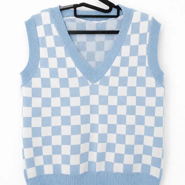 [BUNJANG] Pastel Check Knit Vest V-Neck Sleeveless Sweater New Arrival / 파스텔 체크 니트 베스트 브이넥 조끼 새상품