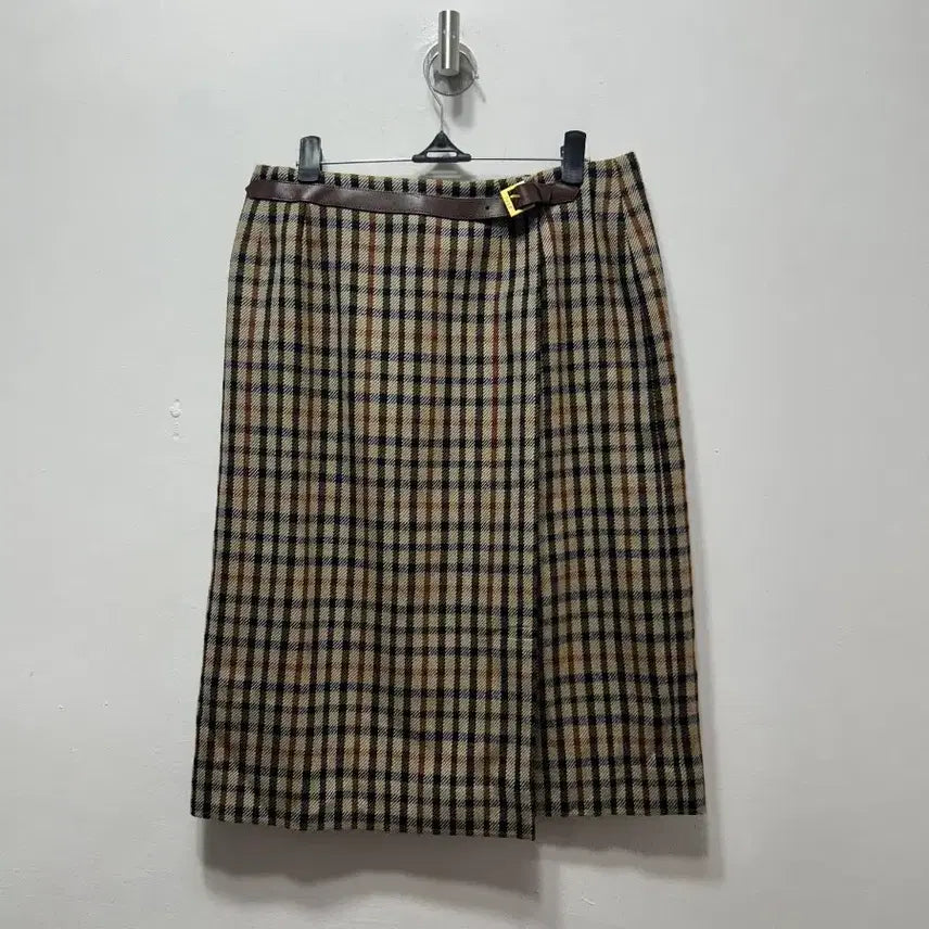 [BUNJANG] Daks Women's Check Wool Skirt Brown Belt Size 27 / 닥스 여성 체크 울 스커트 브라운 벨트 27 실측