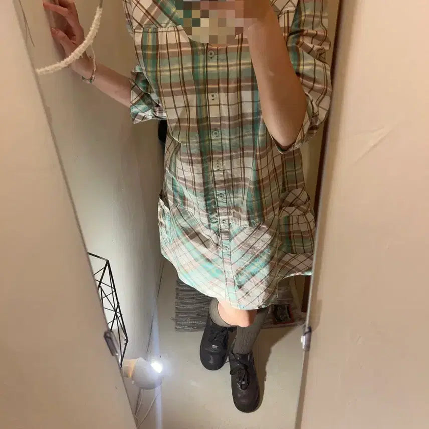 [BUNJANG] Vintage Mint Chocolate Check Shirt Dress / 빈티지 민트초코 체크 셔츠 원피스 오리엔탈 갸루