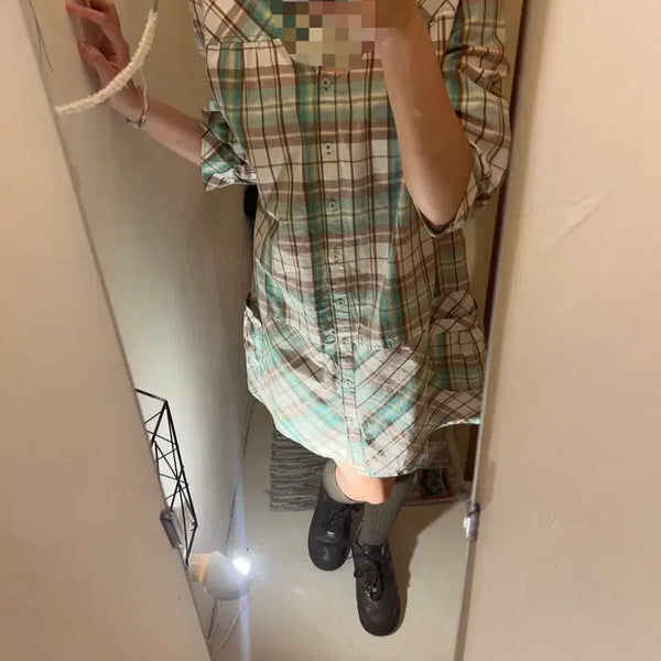 [BUNJANG] Vintage Mint Chocolate Check Shirt Dress / 빈티지 민트초코 체크 셔츠 원피스 오리엔탈 갸루