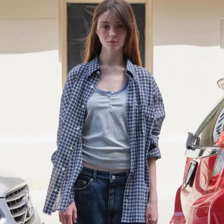 [BUNJANG] Low Classic Unisex Oversized Checked Shirt Navy M / [unisex] 로우클래식 오버사이즈 체크 셔츠 네이비 M