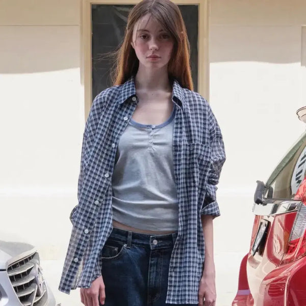 [BUNJANG] Low Classic Unisex Oversized Checked Shirt Navy M / [unisex] 로우클래식 오버사이즈 체크 셔츠 네이비 M
