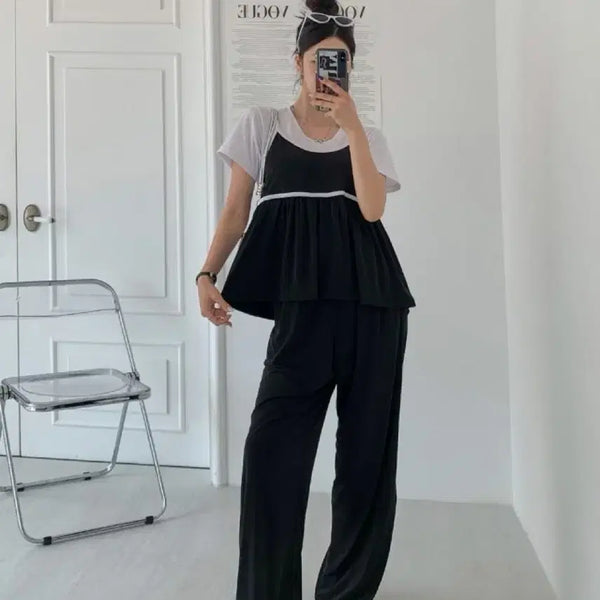 [BUNJANG] Cooling Ruffle Camisole Bustier & Wide-Leg Pants Two-Piece Set (Size 44-77) / 새상품 새상품 냉감 프릴 나시 뷔스티에 허리밴딩 바지 투피스 세트 빅사이즈 가능 44-77