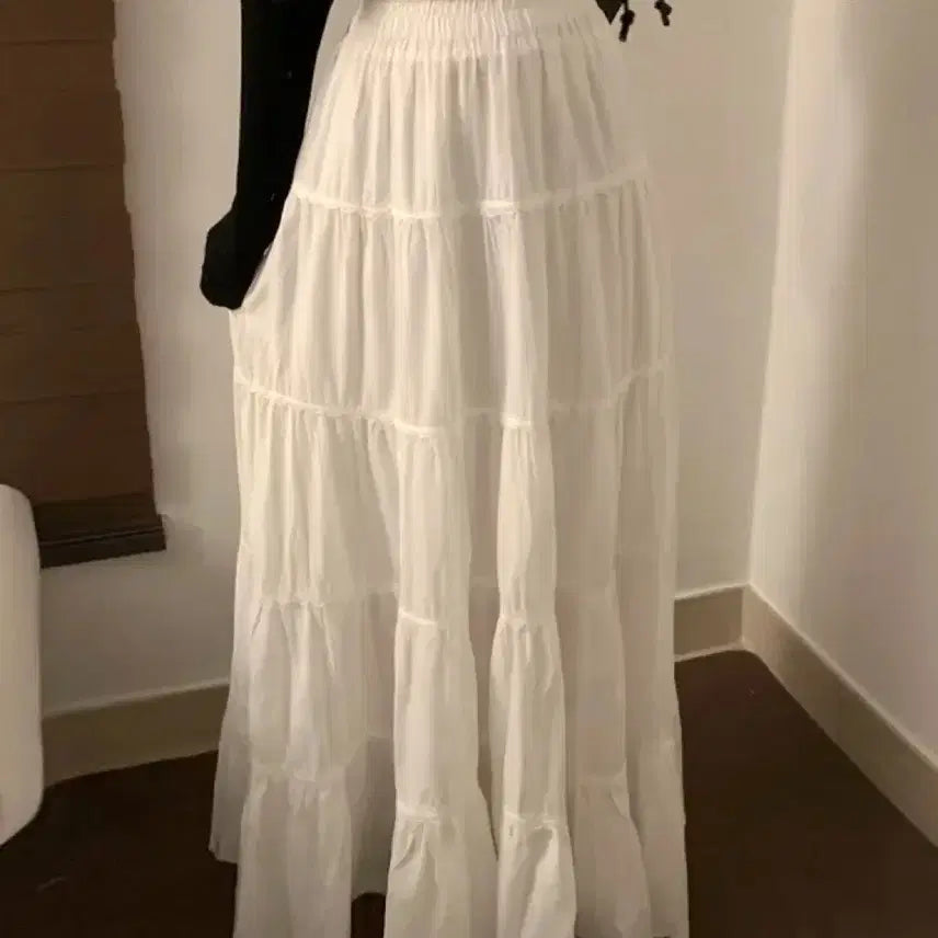 [BUNJANG] Women's White Chiffon Tiered Long Skirt with Inner Lining and Elastic Waistband / 새상품 안감 속치마 허리밴딩 화이트 캉캉 쉬폰 롱 스커트