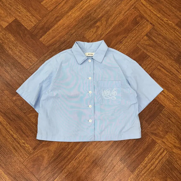 [BUNJANG] BEAKER Embroidered Logo Short Sleeve Cropped Shirt / 여성용 fREE BEAKER 비이커 자수로고 반팔 크롭 셔츠