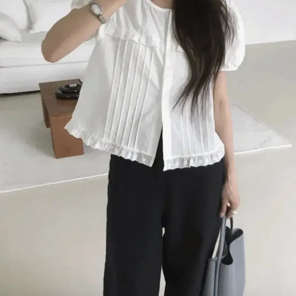 [BUNJANG] Brionel Pintuck Lace Short Sleeve Blouse White / 브니엘 핀턱 레이스 반팔 블라우스 흰색
