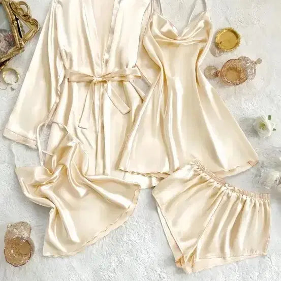 [BUNJANG] Silk Pajama Set (4pcs) / 실크 잠옷 세트 아이보리 핑크 연보라