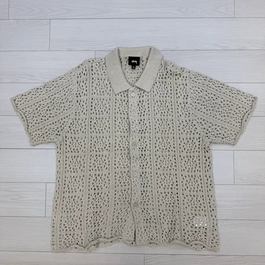 [BUNJANG] Stussy Crochet Knit Short Sleeve Shirt Beige M / 스투시 크로셰 니트 반팔 셔츠 베이지 M
