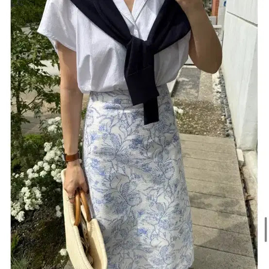 [BUNJANG] JMINE Sky Blue Flower Pattern Jacquard Skirt L / 1회착용:JMINE 스카이블루 플라워 패턴 리트 자가드 스커트 L