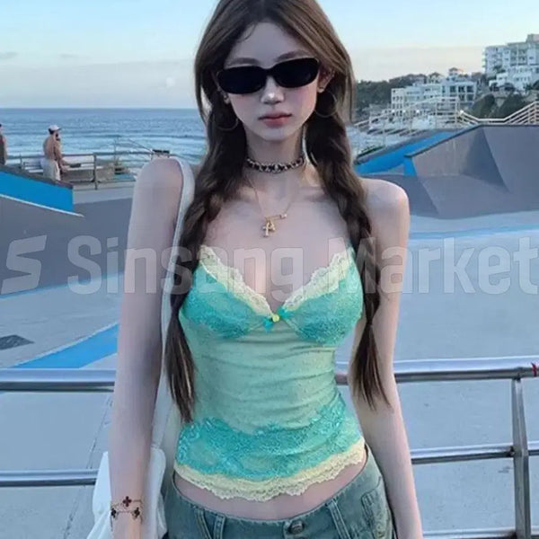 [BUNJANG] Mint Violet Lace Double Color Block Smocked Cami Top / [빠른발송] 민보나시 민트 보라 레이스 이중 배색 스모크 캡나시 캡내장