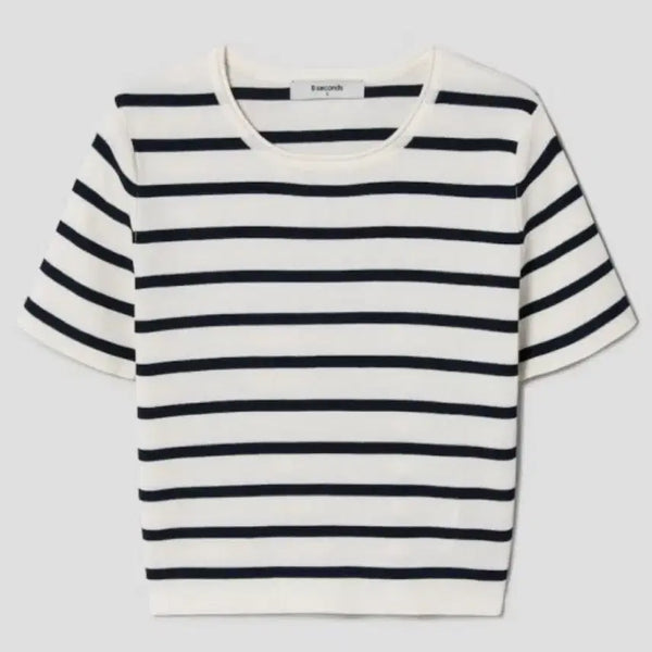 [BUNJANG] 8seconds Striped Cropped Knit T-shirt / (1회 착용,착샷O) 에잇세컨즈 반팔 스트라이프 크롭 니트 티셔츠