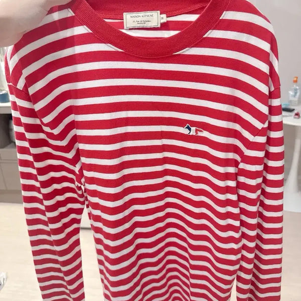 [BUNJANG] Maison Kitsuné Striped Long Sleeve T-Shirt Red Medium / 메종키츠네 스트라이프 긴팔티 레드 미디움