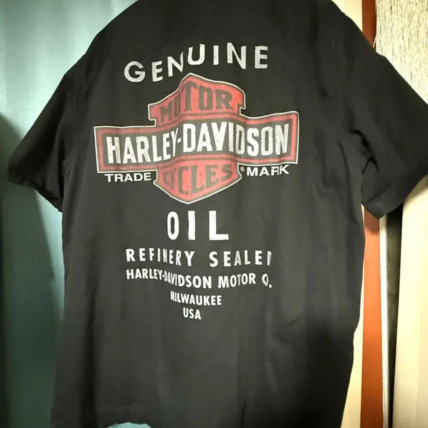[BUNJANG] Vintage Harley-Davidson 'GENUINE OIL' Short Sleeve Work Shirt Black / 빈티지 할리 데이비슨 'GENUINE OIL' 반팔 워크 셔츠 블랙