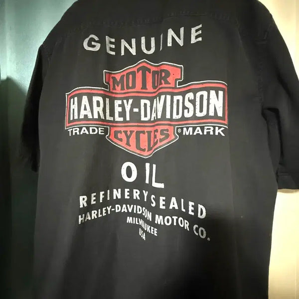 [BUNJANG] Vintage Harley Davidson 'Genuine Oil' Short Sleeve Work Shirt Black / 빈티지 할리 데이비슨 'GENUINE OIL' 반팔 워크 셔츠 블랙