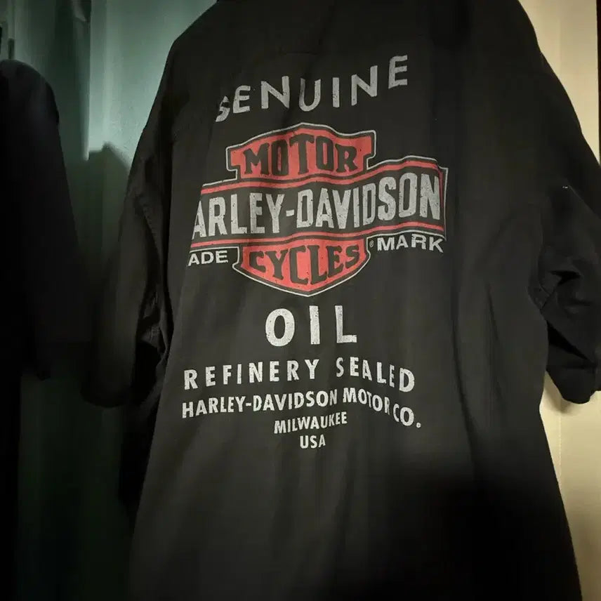[BUNJANG] Vintage Harley-Davidson 'GENUINE OIL' Short Sleeve Work Shirt Black 5XL / 빈티지 할리 데이비슨 'GENUINE OIL' 반팔 워크 셔츠 블랙 5xl