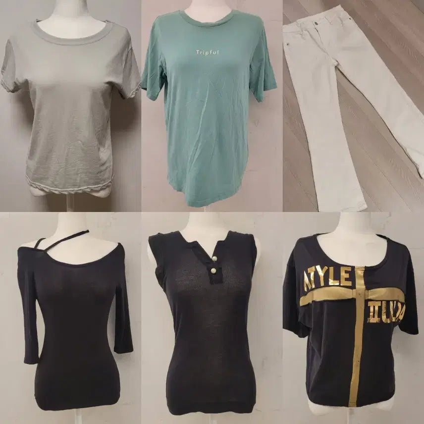 [BUNJANG] Bundle Set of 6 Women's Tops and Bottoms / 여성의류 옷 6종 일괄: 티셔츠 반팔티, 브이넥 민소매 셔츠, 오픈숄더, 스키니 바지, 상의, 하의