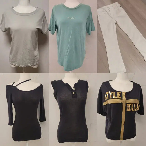 [BUNJANG] Bundle Set of 6 Women's Tops and Bottoms / 여성의류 옷 6종 일괄: 티셔츠 반팔티, 브이넥 민소매 셔츠, 오픈숄더, 스키니 바지, 상의, 하의