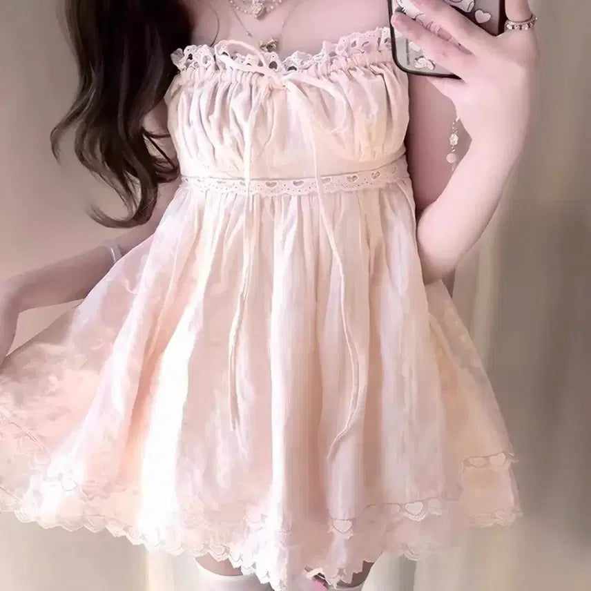 [BUNJANG] Pink Lace Dress Princess Style Frill Feminine Hime Gyaru Style / 핑크 레이스 원피스 공주풍 프릴 페미닌한 히메갸루스타일