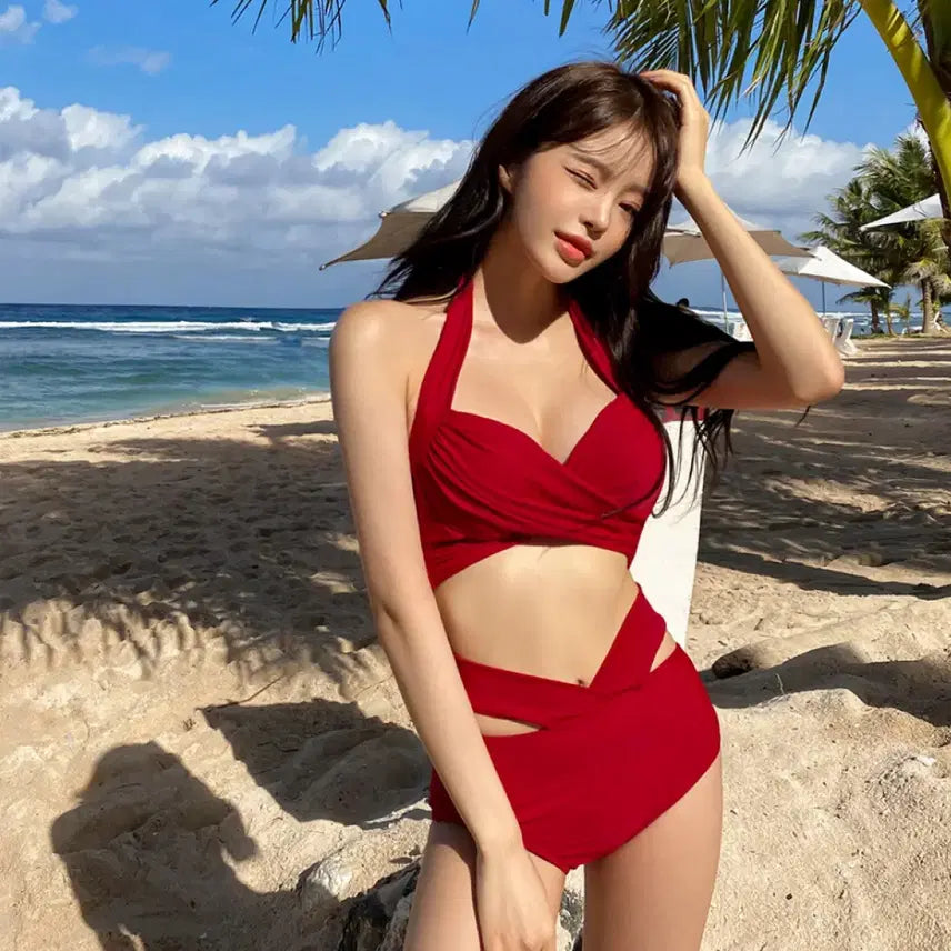 [BUNJANG] Red Halterneck Body Sculpting Bikini / 레드 홀터넥 몸매보정 비키니