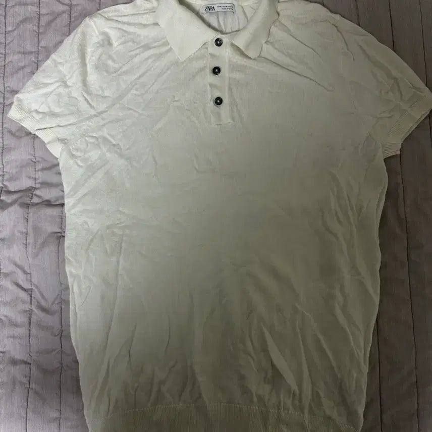 [BUNJANG] Zara Ribbed Knit Polo Short Sleeve Ivory / 자라 카라 니트 폴로 반팔 아이보리