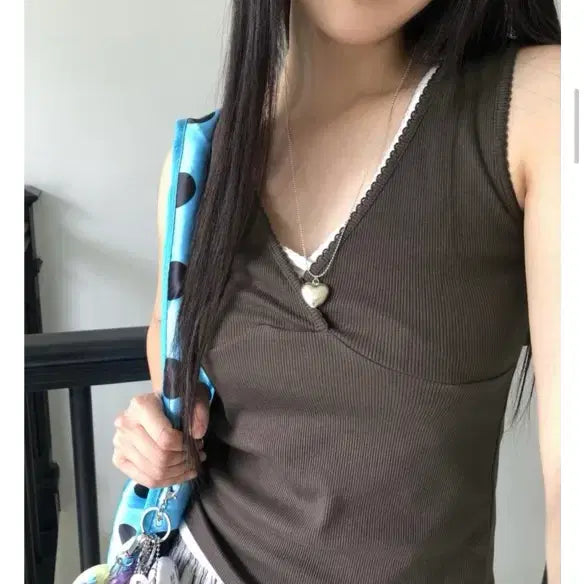 [BUNJANG] Wonder Wonder V-Neck Ribbed Lace Tank Top / [새상품] 원더원더 브이넥 나시