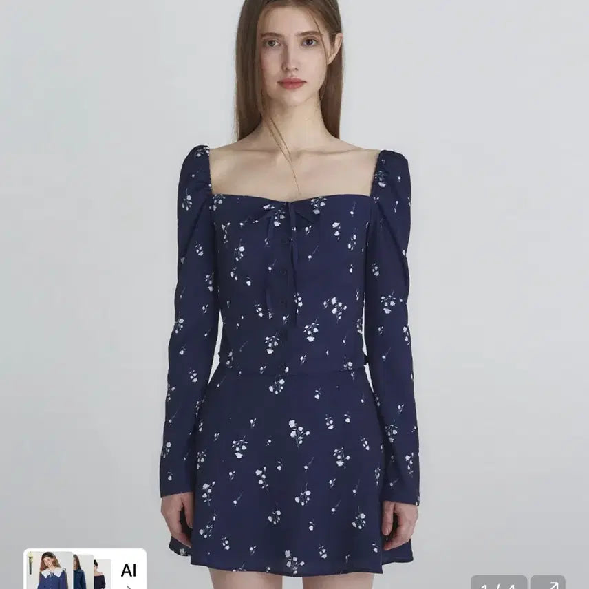 [BUNJANG] NOT YOUR ROSE Ribbon Square Blouse Navy S / 낫유어로즈 리본 스퀘어 블라우스s