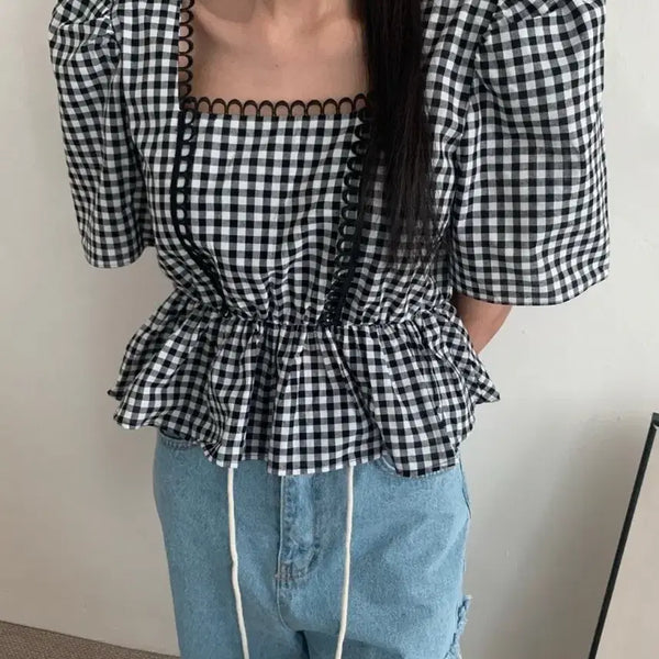 [BUNJANG] Check Puff Sleeve Blouse / (새상품) 체크 퍼프 블라우스