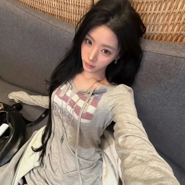[BUNJANG] Gilra Archive USA Logo V-Neck Long Sleeve T-Shirt Grey / 길라아카이브 usa logo v neck long sleeve grey