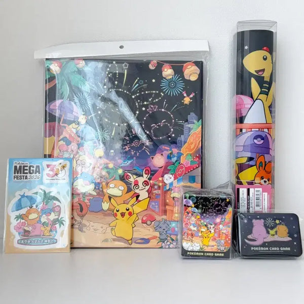 [BUNJANG] Pokemon 2026 Mega Festa Busan Pop-up Exclusive 5-Item Set / 포켓몬 카드 부산팝업 불꽃놀이  5종세트(플레이매트+덱케이스+틴케이스+클리어파일+스티커)
