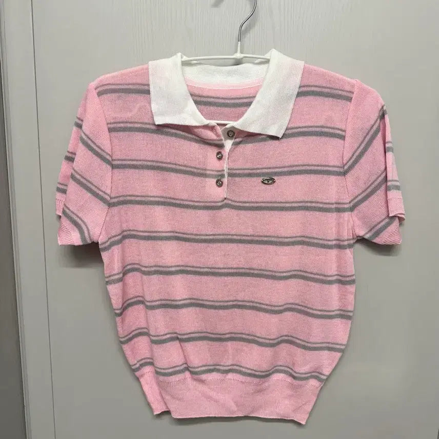 [BUNJANG] Pink Pendant Stripe Knit Polo T-Shirt / 새상품) 핑크 펜던트 스트라이프 단가라 니트 카라티