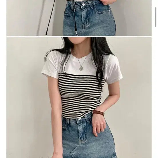 [BUNJANG] Side Shirring Striped Layered Crop Top / (새상품)옆셔링 단가라 레이어드 크롭티