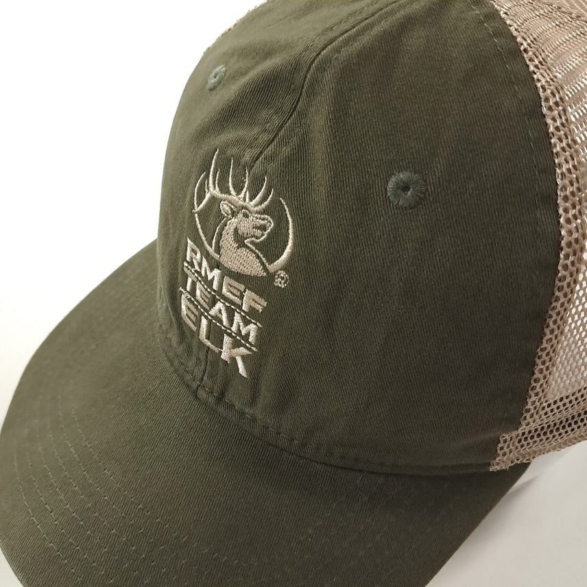 [BUNJANG] RMEF 00s Olive Green Deer Embroidered Mesh Trucker Cap / CA201 아웃도어캡 00s 올리브그린 사슴자수 메쉬 트러커캡 모자