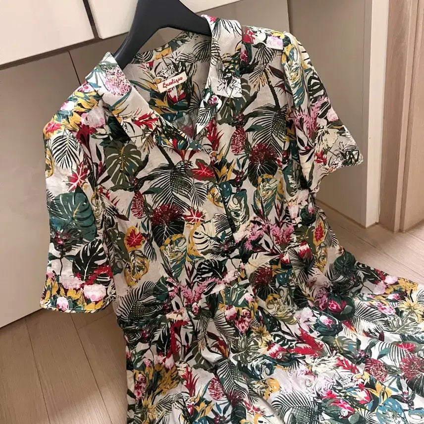 [BUNJANG] Biclique Linen 100% Floral Tropical Pattern Short Sleeve Shirt Dress / 77-88) 비꼴리끄 20년 린넨100% 플라워 트로피컬 패턴 반팔 셔츠 원피스 여름 플리츠 핀턱 여행룩 휴가룩 휴양지 리조트룩 로브 가디건 코트 자켓 빅사이즈
