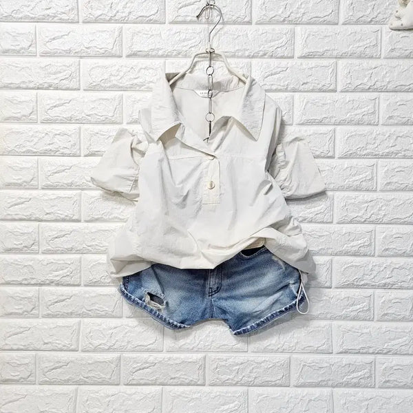 [BUNJANG] Collared Neck Relaxed Fit T-Shirt with Drawstring Hem / 카라셔츠