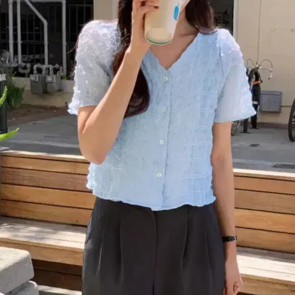[BUNJANG] Underv Mayvi Jennie Seersucker Blouse - Sky Blue / 언더비 메이비(MAYVI) 제니 시어서커 블라우스 55 새상품