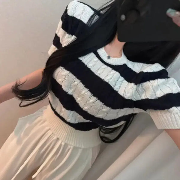 [BUNJANG] Crew Neck Striped Knit Short Sleeve T-Shirt / 라운드넥 단가라 니트 반팔