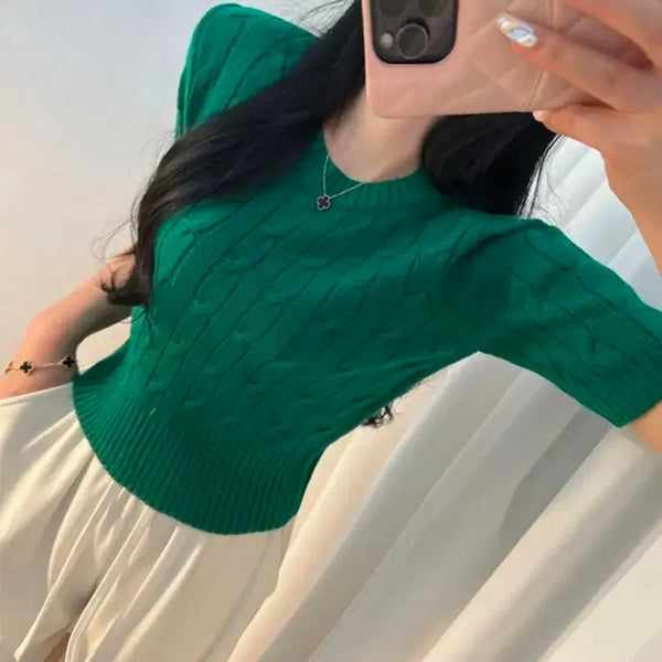 [BUNJANG] Twisted Short Sleeve Knit Top / 꽈배기 반팔 니트