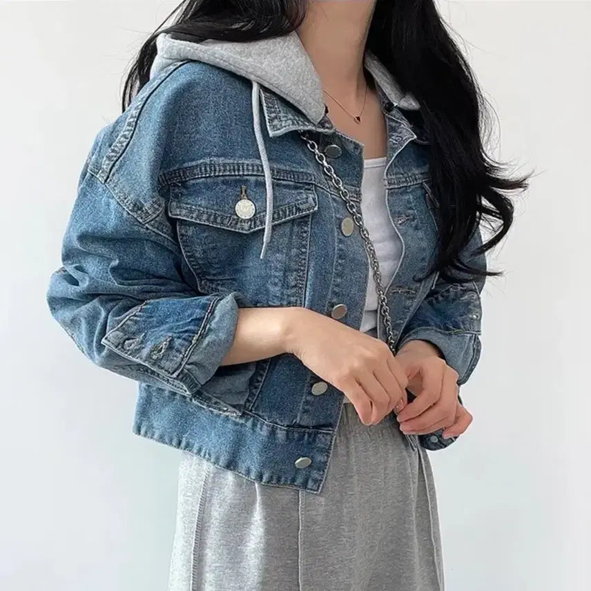 [BUNJANG] Contrast Hood Cropped Denim Jacket / 청자켓 후드 배색 크롭 데님 자켓