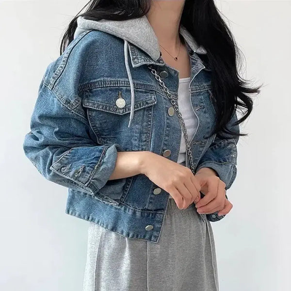 [BUNJANG] Contrast Hood Cropped Denim Jacket / 청자켓 후드 배색 크롭 데님 자켓